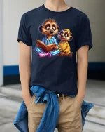Cute Meerkat Pajama Party Bedtime Tee - model wearing Navy T-shirt, hands in pockets, denim shirt at waist
