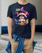 Cute Raccoon Wizard Witch Hat Tee - model wearing Navy T-shirt, hands in pockets, denim shirt at waist