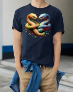 Twin Serpent Heart Knot Tee - model wearing Navy T-shirt, hands in pockets, denim shirt at waist