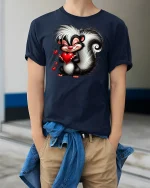 Cute Skunk Holding Heart T-shirt - model wearing Navy T-shirt, hands in pockets, denim shirt at waist