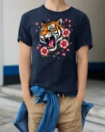 Roaring Tiger With Cherry Blossom T-shirt - model wearing Navy T-shirt, hands in pockets, denim shirt at waist