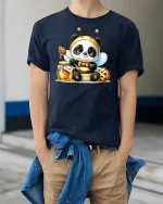 Cute Panda Bee With Honey Jar T-shirt - model wearing Navy T-shirt, hands in pockets, denim shirt at waist