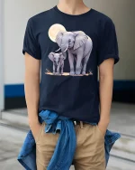 Elephant and Baby Moonlight T-shirt - model wearing Navy T-shirt, hands in pockets, denim shirt at waist