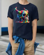 Melting Rainbow Skull T-shirt - model wearing Navy T-shirt, hands in pockets, denim shirt at waist