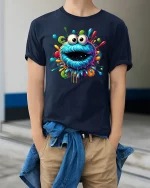 Trippy Color Splash Monster Face T-shirt - model wearing Navy T-shirt, hands in pockets, denim shirt at waist