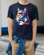 Smart Cat Glasses Bow Tie T-shirt - model wearing Navy T-shirt, hands in pockets, denim shirt at waist