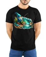 Magical Fishing Gnome Fantasy T-shirt - model with hands behind back, wearing Black T-shirt and blue jeans
