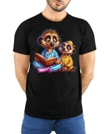 Cute Meerkat Pajama Party Bedtime Tee - model with hands behind back, wearing Black T-shirt and blue jeans