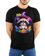 Cute Raccoon Wizard Witch Hat Tee - model with hands behind back, wearing Black T-shirt and blue jeans