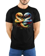 Twin Serpent Heart Knot Tee - model with hands behind back, wearing Black T-shirt and blue jeans