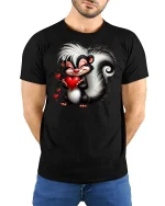 Cute Skunk Holding Heart T-shirt - model with hands behind back, wearing Black T-shirt and blue jeans
