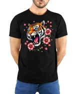 Roaring Tiger With Cherry Blossom T-shirt - model with hands behind back, wearing Black T-shirt and blue jeans