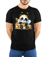 Cute Panda Bee With Honey Jar T-shirt - model with hands behind back, wearing Black T-shirt and blue jeans