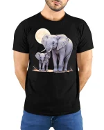 Elephant and Baby Moonlight T-shirt - model with hands behind back, wearing Black T-shirt and blue jeans