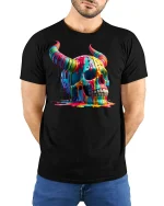 Melting Rainbow Skull T-shirt - model with hands behind back, wearing Black T-shirt and blue jeans
