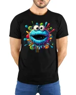 Trippy Color Splash Monster Face T-shirt - model with hands behind back, wearing Black T-shirt and blue jeans
