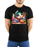 Cute Tropical Fish Coral Reef T-shirt - model with hands behind back, wearing Black T-shirt and blue jeans