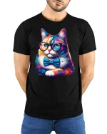 Smart Cat Glasses Bow Tie T-shirt - model with hands behind back, wearing Black T-shirt and blue jeans