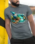 Magical Fishing Gnome Fantasy T-shirt - model leaning on yellow-black pole, wearing Gray T-shirt, hand in pocket