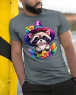 Cute Raccoon Wizard Witch Hat Tee - model leaning on yellow-black pole, wearing Gray T-shirt, hand in pocket