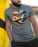 Twin Serpent Heart Knot Tee - model leaning on yellow-black pole, wearing Gray T-shirt, hand in pocket