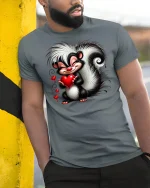 Cute Skunk Holding Heart T-shirt - model leaning on yellow-black pole, wearing Gray T-shirt, hand in pocket