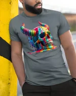 Melting Rainbow Skull T-shirt - model leaning on yellow-black pole, wearing Gray T-shirt, hand in pocket