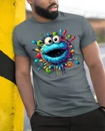 Trippy Color Splash Monster Face T-shirt - model leaning on yellow-black pole, wearing Gray T-shirt, hand in pocket
