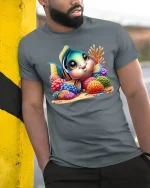 Cute Tropical Fish Coral Reef T-shirt - model leaning on yellow-black pole, wearing Gray T-shirt, hand in pocket