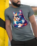 Smart Cat Glasses Bow Tie T-shirt - model leaning on yellow-black pole, wearing Gray T-shirt, hand in pocket