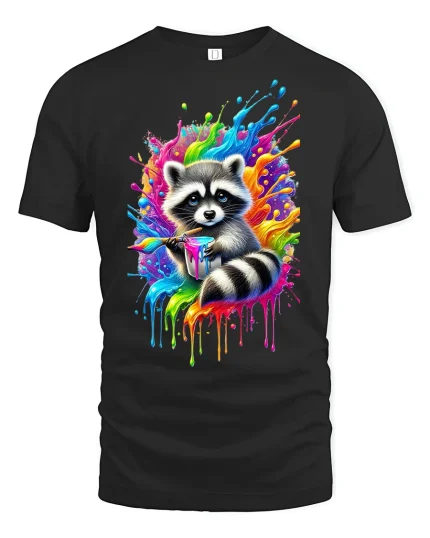 Color Splash Raccoon Painter T-shirt - black t-shirt on white background