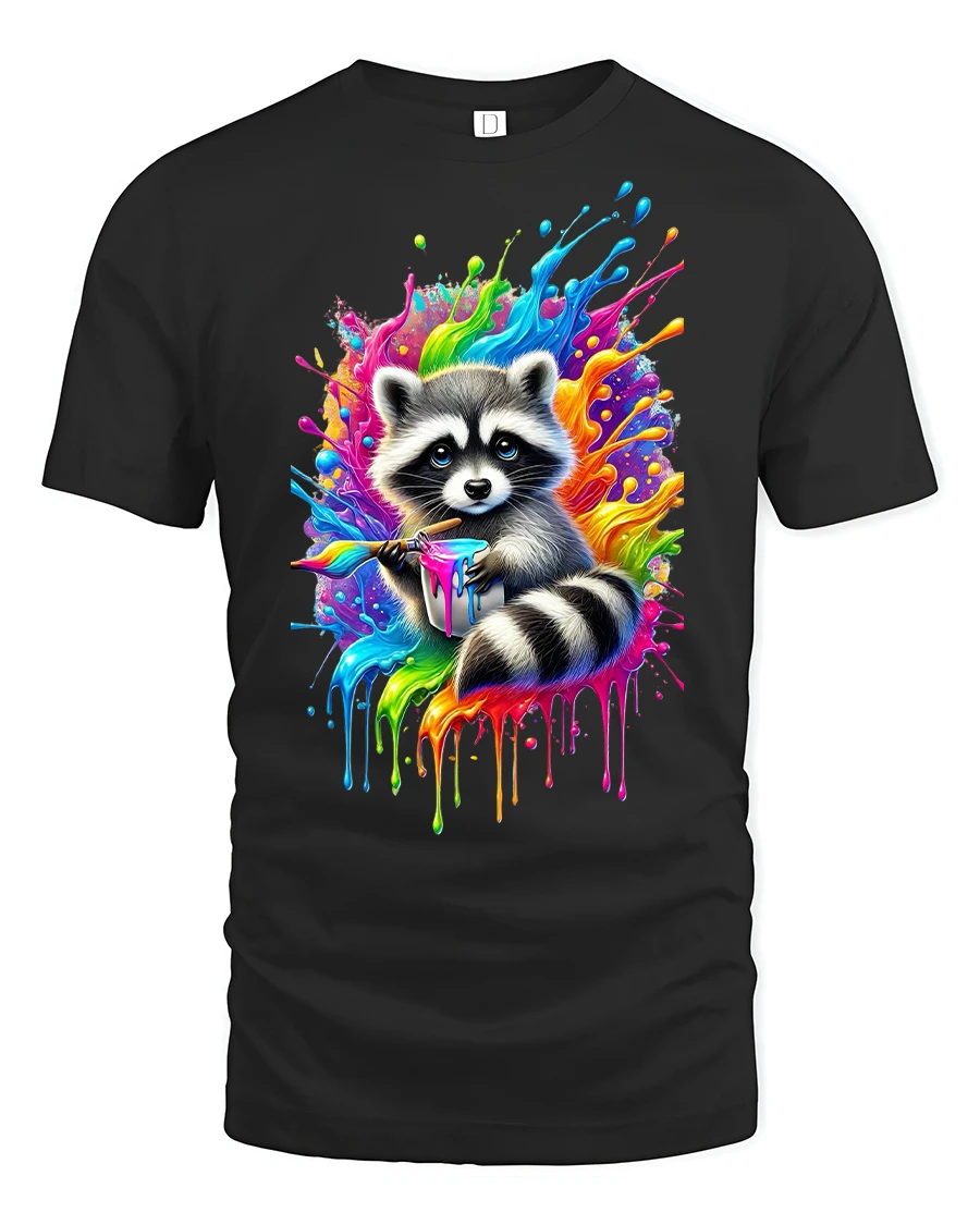 Color Splash Raccoon Painter T-shirt - 1 Color Splash Raccoon Painter T-shirt - black t-shirt on white background