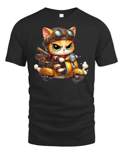 Steampunk Biker Cat Riding T-shirt - black t-shirt on white background