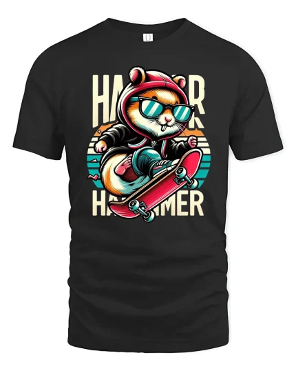Cool Skateboard Hamster Tee - black t-shirt on white background