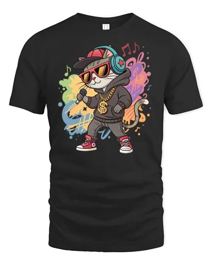 Hip Hop Rap Cat Graphic Tee - black t-shirt on white background