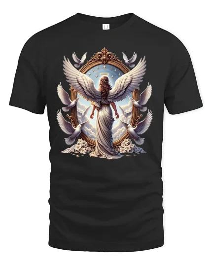 Guardian Angel Wings and Doves Tee - black t-shirt on white background