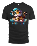 Cute Tiger Skater Boy Tee - black t-shirt on white background
