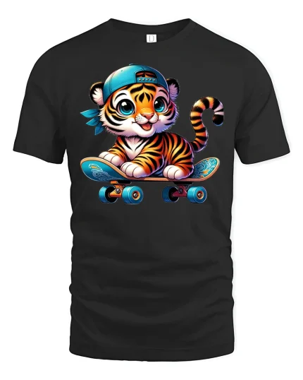 Cute Tiger Skater Boy Tee - black t-shirt on white background
