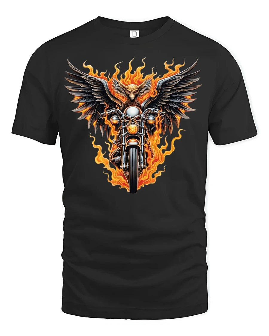 Flaming Eagle Motorcycle Rider T-shirt - 1 Flaming Eagle Motorcycle Rider T-shirt - black t-shirt on white background