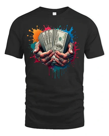 Cash in Hand Tattoo Style T-shirt - black t-shirt on white background