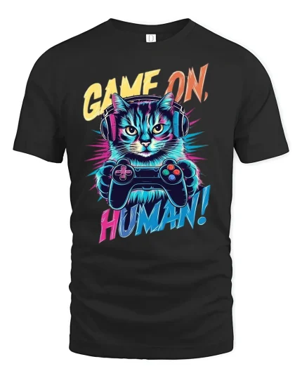 Funny Gamer Cat Tee - black t-shirt on white background