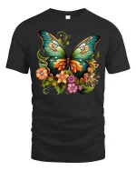 Colorful Butterfly and Flowers T-shirt - black t-shirt on white background