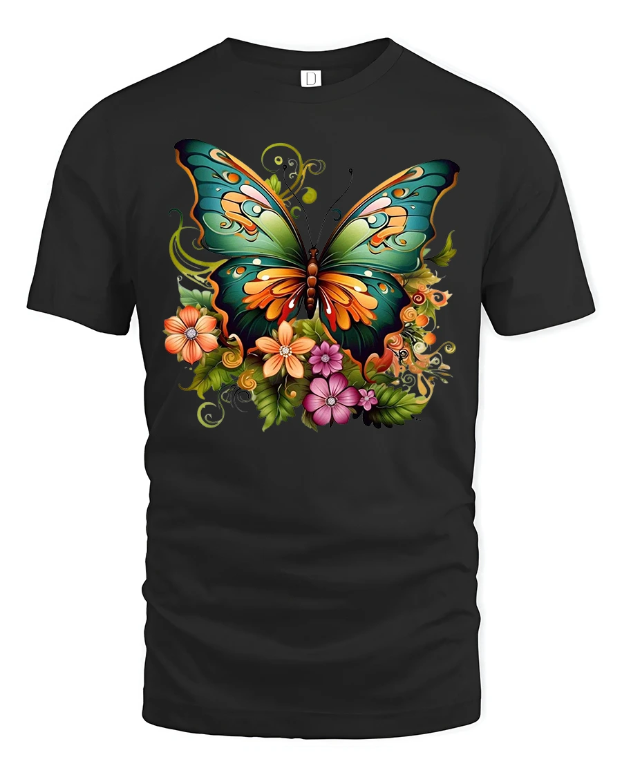 Colorful Butterfly and Flowers T-shirt - 1 Colorful Butterfly and Flowers T-shirt - black t-shirt on white background