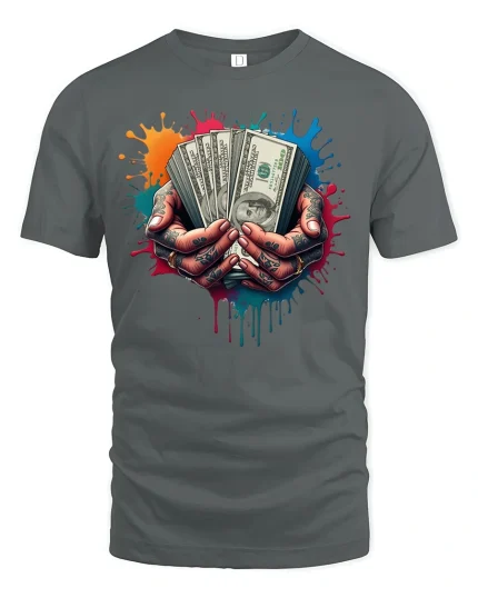 Cash in Hand Tattoo Style T-shirt - gray t-shirt on white background