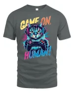 Funny Gamer Cat Tee - gray t-shirt on white background