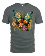 Colorful Butterfly and Flowers T-shirt - gray t-shirt on white background