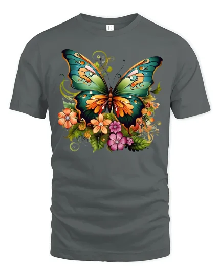 Colorful Butterfly and Flowers T-shirt - gray t-shirt on white background