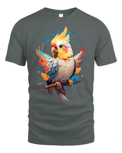 Vibrant Parrot Graphic Tee - gray t-shirt on white background
