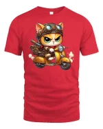Steampunk Biker Cat Riding T-shirt - red t-shirt on white background