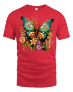 Colorful Butterfly and Flowers T-shirt - red t-shirt on white background